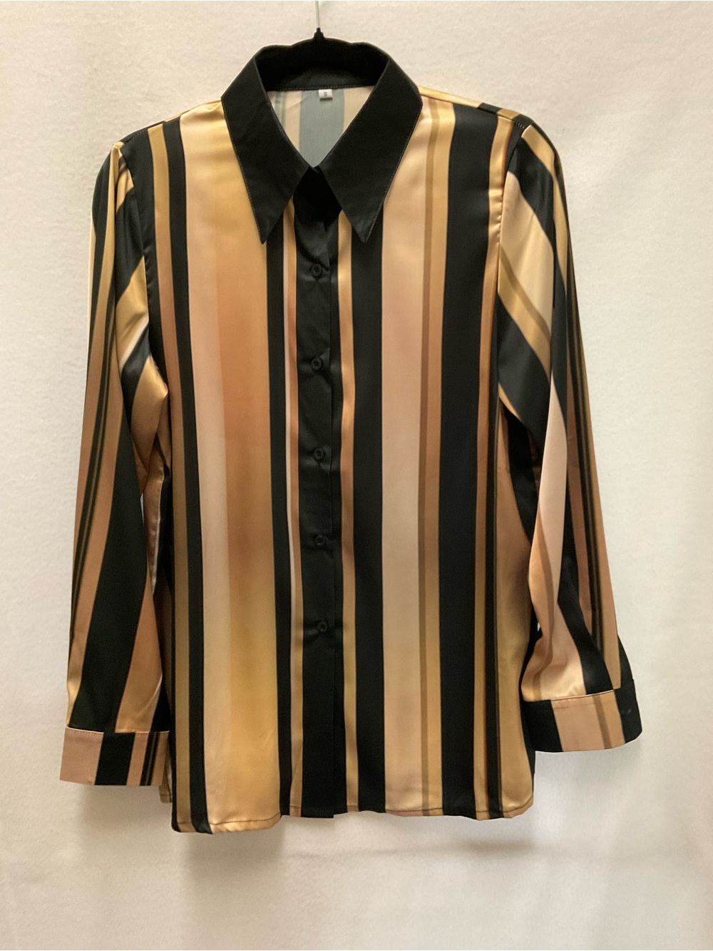 Womens Satin Stripe Button-Up Blouse in Black and Gold